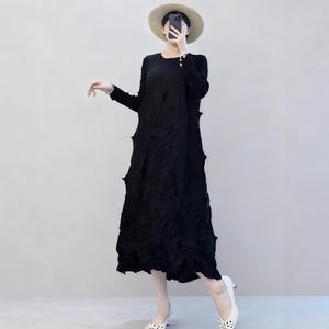 Elegant Solid Color High-End Pleated Women's Midi <b>Dress</b> Washable Loose Fit A-Line Silhouette Credible Supplier Available Online - Product Image 3