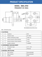 Conector RF Hembra BMA-JFD4 DC-18GHz 50Ohm Cuadrado con Brida de 4 Orificios, Chapado en Oro, para Pruebas de Microondas, Módulos de Comunicación por Radar