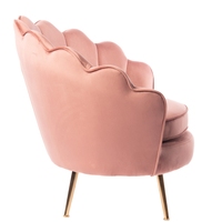 Chaise élégante en velours en forme de pétale de lotus, avec pieds en métal doré et revêtement en tissu.