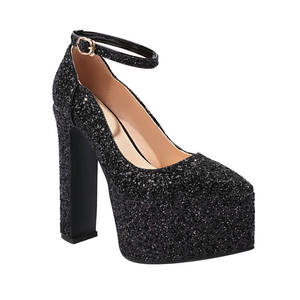 Elegant Lady Shiny <b>Sequins</b> High Platform Chunky Heel Pumps Women Glitter <b>Red</b> Pointed Toe Ankle Strap Super High Heeled Sandals - Product Image 2