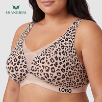 Soutien-gorge sans armatures SHANGBINI grande taille beige imprimé léopard, couvrance totale, col en V, bretelles larges pour poitrine généreuse, vente en gros OEM ODM