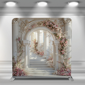 Arche de mariage élégante 8x8 pieds avec fleurs, toile tendue, équipement pour salon professionnel, toile tendue droite type housse de coussin - Product Image 1