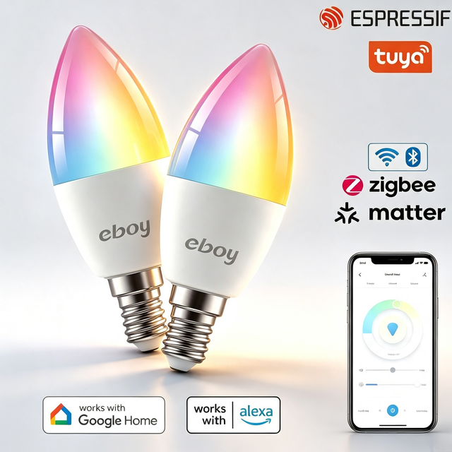 E14 C37 Candle Smart Bulb 4.9W 470LM RGBCW Dimmable Tuya Zigbee LED Lamp Voice Control Alexa Google Indoor Home Decor Lighting