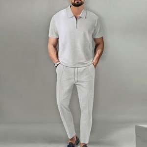 Conjunto de Verano Casual de Dos Piezas para Hombre, Estilo Urbano, Color Sólido, Cuello Alto, Manga Corta, Pantalón con Cierre - Product Image 6
