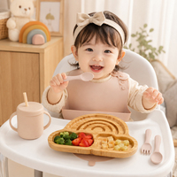 Assiette compartimentée en fibre de bambou forme mignonne avec base ventouse en silicone, ensemble cuillère-fourchette écologique pour vaisselle d'enfants, logo personnalisé