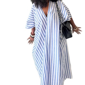 ชุดเดรสลายทางสไตล์แอฟริกันสำหรับผู้หญิง ทรงหลวม เอวธรรมชาติ คอวีลึก ผ้าธรรมชาติย้อมสีธรรมชาติ เป็นมิตรต่อสิ่งแวดล้อม - Product Image 1