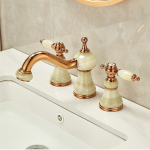 <span class=keywords><strong>Robinet</strong></span> de lavabo de salle de bain en laiton doré rose européen avec veinures de jade jaune-vert, trois trous, trou moyen de huit pouces - Product Image 1