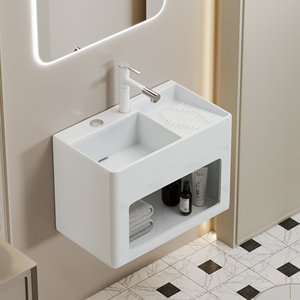 Lavabo da <span class=keywords><strong>Bagno</strong></span> in Ceramica a Parete con Scarico a Controlli Integrati, Lavatoio Incorporato e Vano Portaoggetti Integrato - Product Image 1