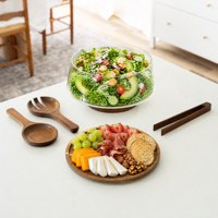 Ensemble de saladiers en bois d'acacia personnalisés OEM en gros, avec pinces de service en bois et couvercle, pour cuisine, table à manger, fête, réutilisable et écologique