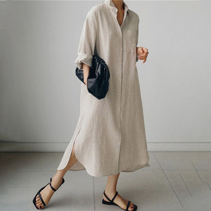 Abiti personalizzati in <span class=keywords><strong>lino</strong></span> di cotone naturale per le donne a maniche lunghe <span class=keywords><strong>abito</strong></span> <span class=keywords><strong>Midi</strong></span> in <span class=keywords><strong>lino</strong></span> di colore solido da donna - Product Image 4