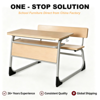 Table d'école double moderne et durable avec banc en bois fixé, table en bois massif pour salle de classe et collège