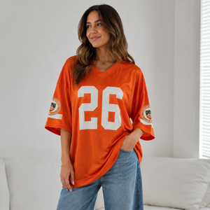 เสื้อเจอร์ซีย์อเมริกันฟุตบอลทรงโอเวอร์ไซส์สไตล์วิทยาลัยสำหรับผู้หญิง เสื้อแฟนคลับทีมแบบกำหนดเอง เสื้อกีฬาตาข่าย เสื้อทีมสำหรับวันแข่งขัน พร้อมหมายเลข - Product Image 1