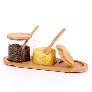 Alto borosilicato 300ml di legno tè zucchero sale pepe spezie condimento vaso di vetro con coperchio in legno e cucchiaio Storage-165RL