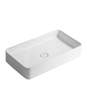 Vasque rectangulaire moderne en céramique blanche à poser sur meuble, design artistique, facile à nettoyer, à rayures horizontales concaves et convexes - Product Image 1