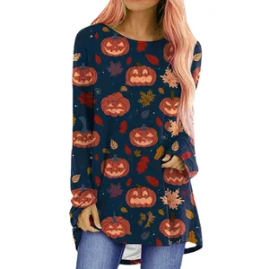 Özel ölçekli sonbahar kadın gömlek cadılar bayramı kabak hayalet baskılı üst Tee o-boyun boy gömlek