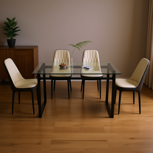 Modern <b>Rectangular</b> Tempered Glass Dining Table Set 4 Piece Black Metal Leg Thick <b>Cushioned</b> PU Chairs Dining Room Furniture - Product Image 2