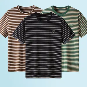 Chemise personnalisée à rayures tissu doux Style décontracté petite quantité minimale de commande OEM T-shirts pour hommes à manches courtes 100% coton