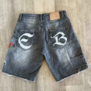 Custom pria mewah Y2K Streetwear Denim ketat celana pendek bordir bernapas tahan air Jorts dicetak pola rajutan - Product Image 3