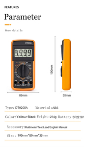 มัลติมิเตอร์ดิจิตอลอิเล็กทรอนิกส์รุ่น DT9205A พร้อมระบบปิดอัตโนมัติและสายวัดแบบเบลท์ - Product Image 5