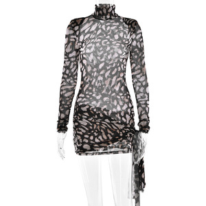 High Neck Mesh Leopard Print Bodycon Dress Long Sleeve Tie Front Slim Fit Club Dress - Product Image 5