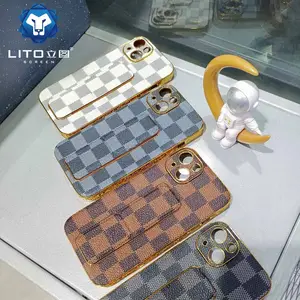 Luxury PU Leather Pastoral Series Electroplating Grid Phone Cases With Holder For iphone samsung