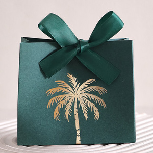 Wholesale Gold Coconut Tree <strong>Pattern</strong> <strong>Paper</strong> Disposable Rigid Candy Box with Ribbon Custom Logo Party Favor Gift Package - Product Image 3
