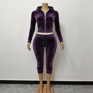 <span class=keywords><strong>Tuta</strong></span> in Velluto a 2 Pezzi per Donna, Giacca con Cappuccio e <span class=keywords><strong>Pantaloni</strong></span> Capri, Tinta Unita in Cotone e Spandex, Abbigliamento Casual per Uso Quotidiano e Relax - Product Image 3
