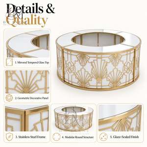 Comptoir de bar rond pliable sur mesure en acier inoxydable doré et blanc, orné de motifs en spirale, avec plateau en verre trempé amovible - Product Image 5