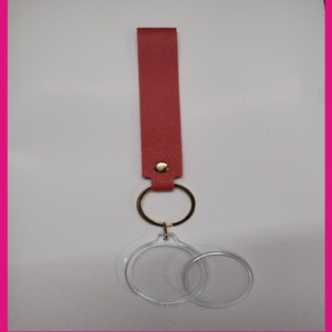 <b>Pink</b> Leather Keychain With Acrylic Round Photo <b>Frame</b> Metal Ring Simple Cute Design - Product Image 3