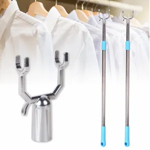 oem Household supplier Durable Telescopic Stainless Steel Pole Metal Hook Drying Clothes hanger Fork
