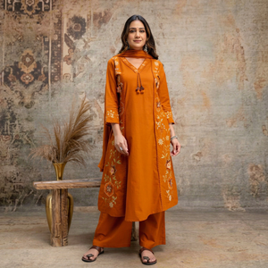 Conjunto de Kurti Tradicional de Algodón Naranja para Mujer, Corte Holgado, Largo hasta la Rodilla, con Pantalón y Dupatta, de Secado Rápido, para Diwali, India y Pakistán - Product Image 1