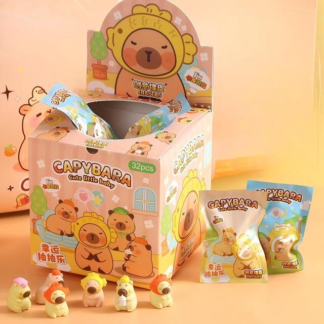 Capybara Blind Box Erasers Cute 32pcs/set Luck Draw Kawaii Removable Correction Student Stationery Toy for Kids