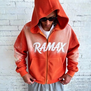 Sudadera con capucha extragrande de punto gofrado para hombre, de manga larga, holgada, con cremallera, con estampado de ropa urbana desgastada por el sol, de algodón. - Product Image 1