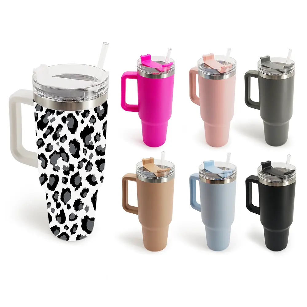 wholesale 40oz leopard engraved stainless steel double wall tumbler travel mug stanley cup 40oz with handle