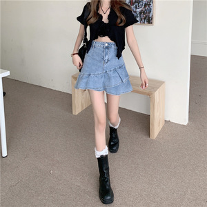 Minigonna in denim da donna a vita alta, modello A-line, <span class=keywords><strong>con</strong></span> orlo a balze, casual e traspirante, perfetta per l'estate - Product Image 3