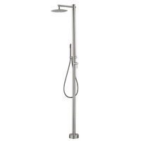 Douche de pluie circulaire moderne et minimaliste en acier inoxydable brossé, à double fonction chaud/froid, pour l'extérieur