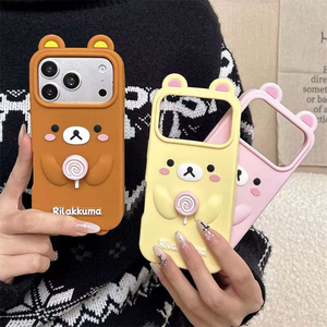 Cute Rilakkuma Bear Silicone Phone case for iPhone 17 16 15 14 13 Pro Max Spinning Lollipop Rotating Rubber Cartoon back Cover - Product Image 3