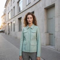 Veste en peau de mouton lisse vert menthe pour femme, col chemise, cordon de serrage à la taille, mi-longue, décontractée, manteau en cuir pour l'extérieur