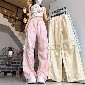 قماش تنفس منتصف الخصر شقة الجبهة السراويل الرياضية عارضة النساء الصيف فضفاضة مستقيم الساق مظلي عادي مصبوغ طويلة - Product Image 2