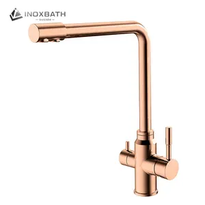 Double handle 3 way stainless steel sink mixer tap rose gold kitchen faucet with water filter