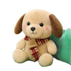 Peluche chien aux oreilles tombantes, avec écharpe à carreaux rouge et blanc, chiot en peluche beige sable, jouet compagnon de sommeil, jouets en peluche doux aux grandes oreilles, OEM - Product Image 1