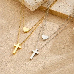 Heart <b>Cross</b> Stacked Pendant Clavicle <b>Chain</b> Gold Plated Stainless Steel Minimalist Fashion Necklace Daily Gift Jewelry - Product Image 3