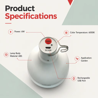 Lampe LED suspendue rechargeable à l'énergie solaire portable 6W, lumière blanche froide 6000K, lampe de secours