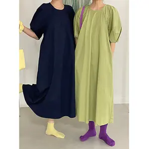 Gaun Longgar Polos Wanita Linen Katun 100 Kualitas Tinggi Musim Panas Fashion Mewah Kustom Gaun Kasual Panjang Elegan untuk Wanita