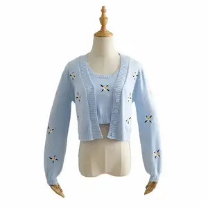 Cardigan imprimé floral pour femmes, pull tricoté, ample, prix de gros, ensemble deux pièces, automne 2021