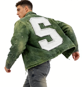 Chaquetas de mezclilla para hombre con bordado de pedrería personalizado del fabricante, chaquetas tipo Letterman y joggers estilo universitario para hombre - Product Image 2