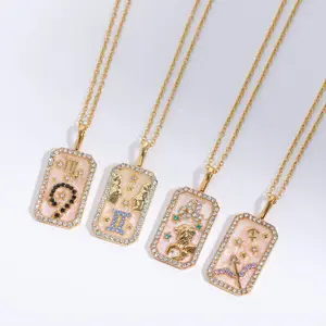 Mode Baja Nirkarat 2023 Kristal Zirkon Kartu Tarot Emas Diisi Perhiasan Zodiak Grosir Zodiak 18K Kalung untuk Wanita