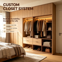 Armoire pleine hauteur avec finition grain de bois naturel, unité de rangement pour vêtements, éclairage LED, construction durable, chambre à coucher