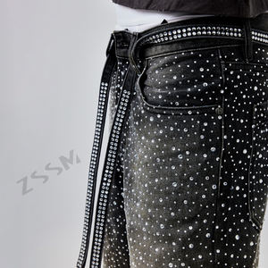 بنطلون جينز رجالي مخصص بتصميم عتيق ممزق ومغسول، مرصع بالكامل بأحجار الراين، بقصة فضفاضة ومستقيمة وواسعة للغاية - Product Image 2