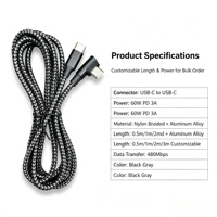 Câble USB C vers USB C en nylon tressé à angle de 90 degrés, charge rapide PD 60W, transfert de données 480 Mbps, cordon de type C pour jeux, longueur personnalisée
